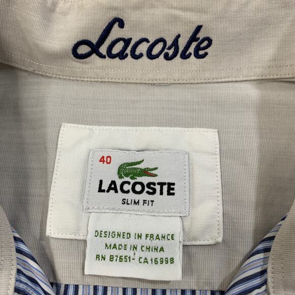 Lacoste Shirt Mens 40 Blue Button Up Slim Fit Striped Long Sleeve Cotton Preppy - Picture 4 of 9